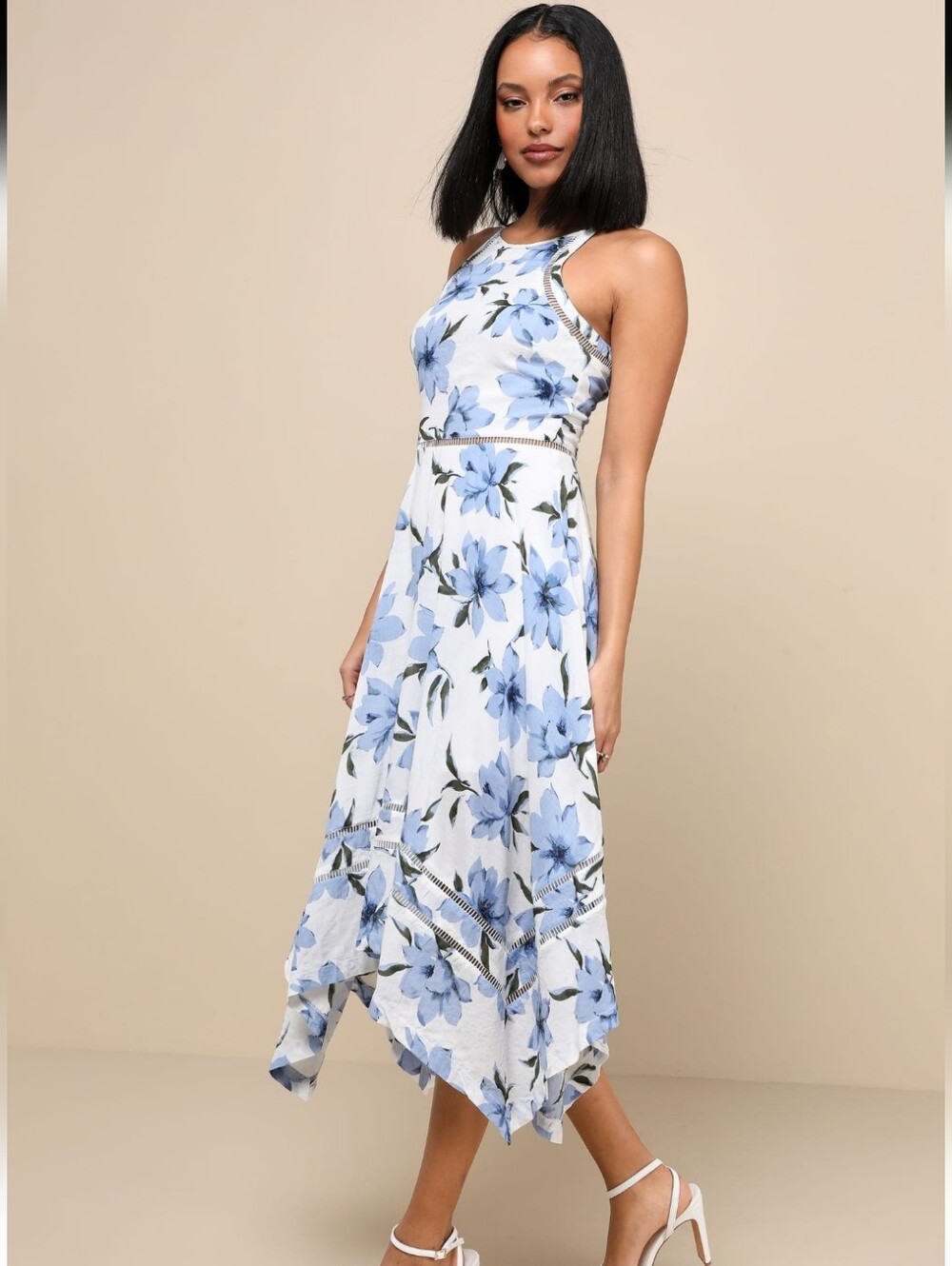 NWT Lulu's Blue Floral Asymmetrical Halter Midi Dress Size SMALL
